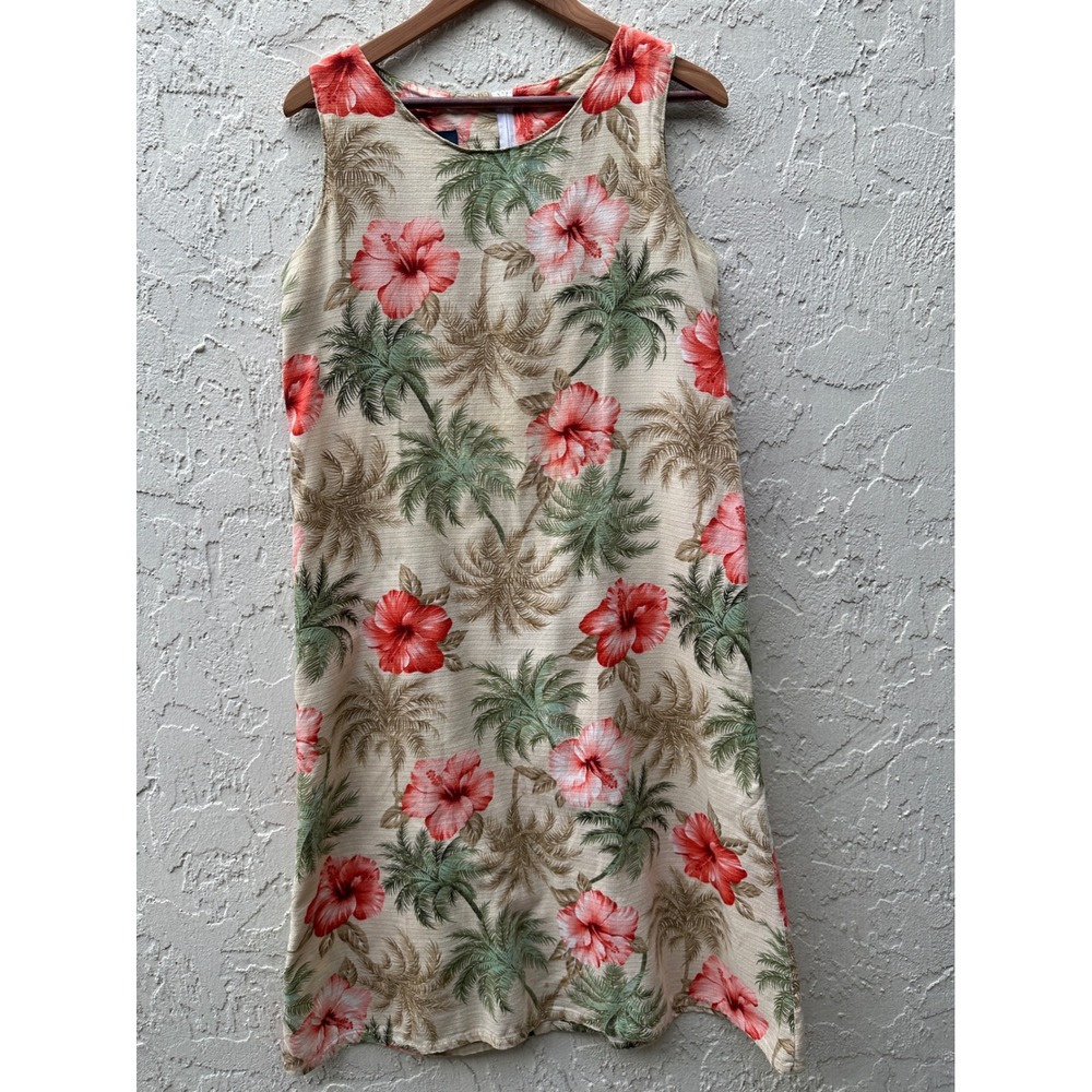 Royal Creations Hawaii Dress Large Tropical Hibiscus Palm Tree Barkcloth Midi